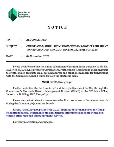 mc28 submission|Online and Manual Submission of Forms/Notices Pursuant to SEC MC 28.